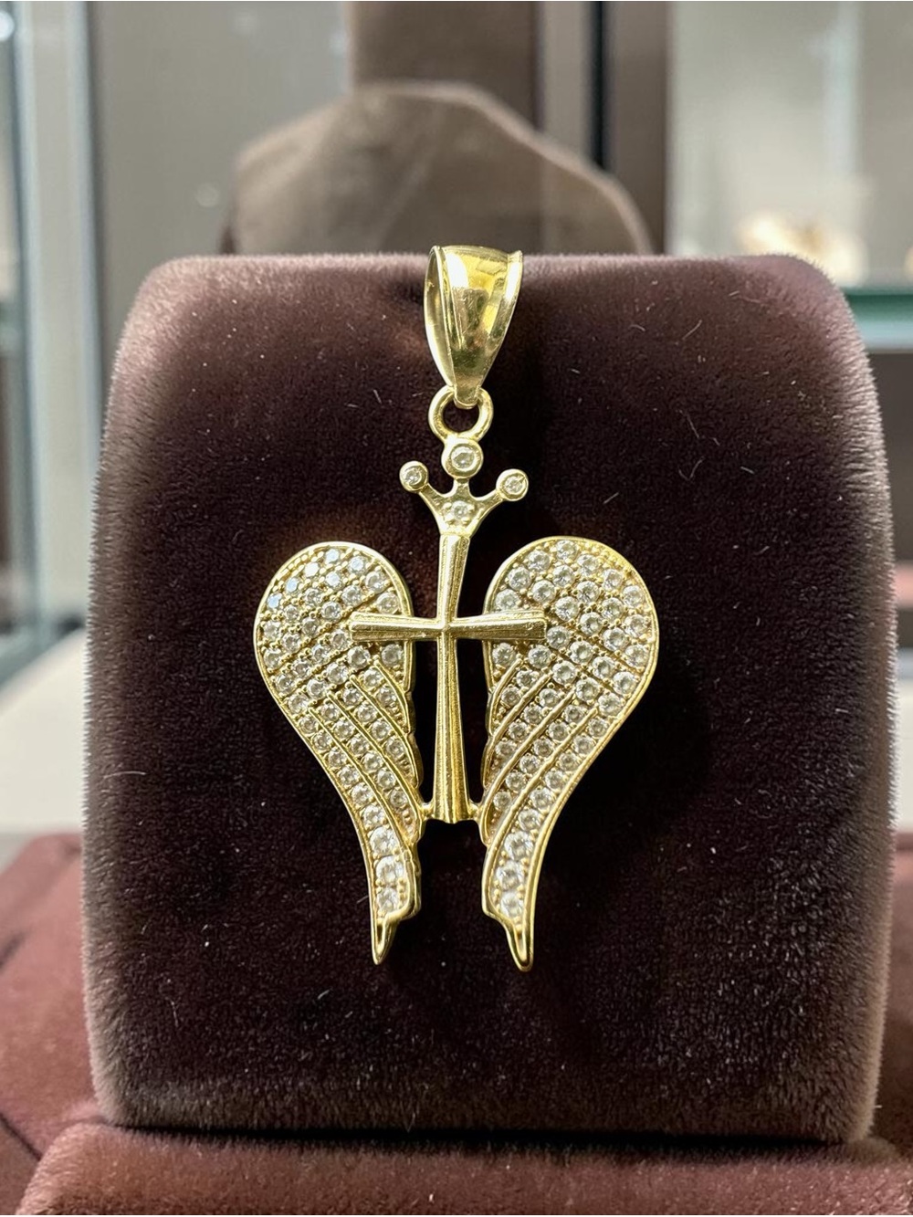 10k Solid Gold Angel Wing Cross Pendant - 3.2g - High Sparkle CZ